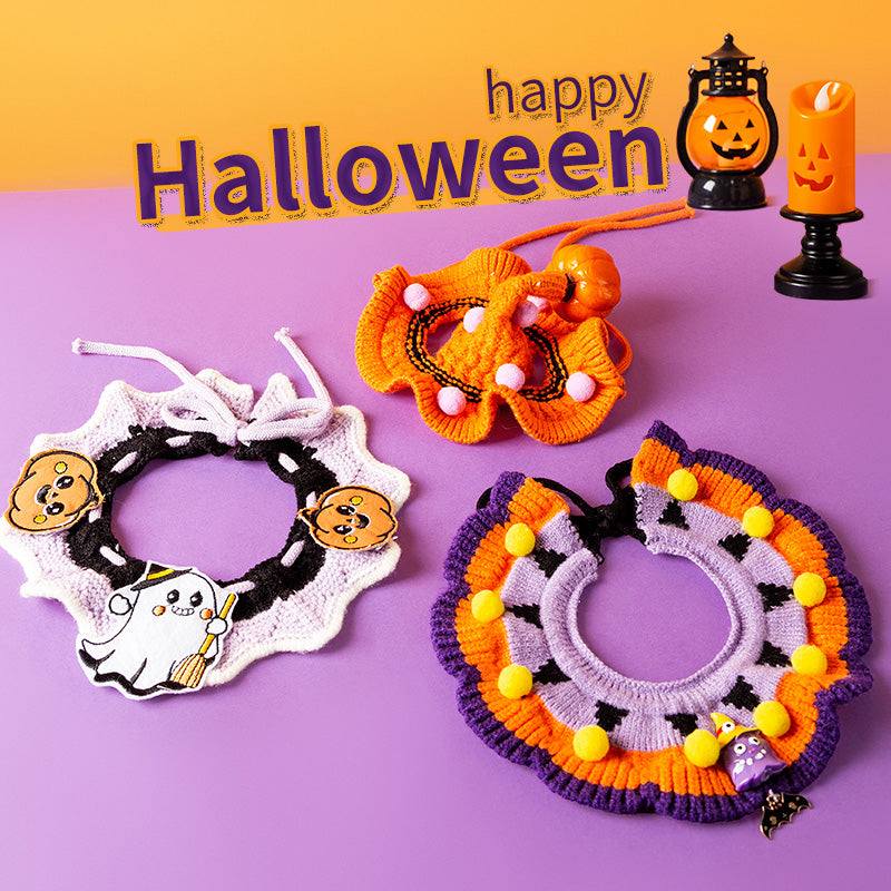 Halloween pet bib Dog cat collar decorated bib Knitted hat Halloween pumpkin dress up costume