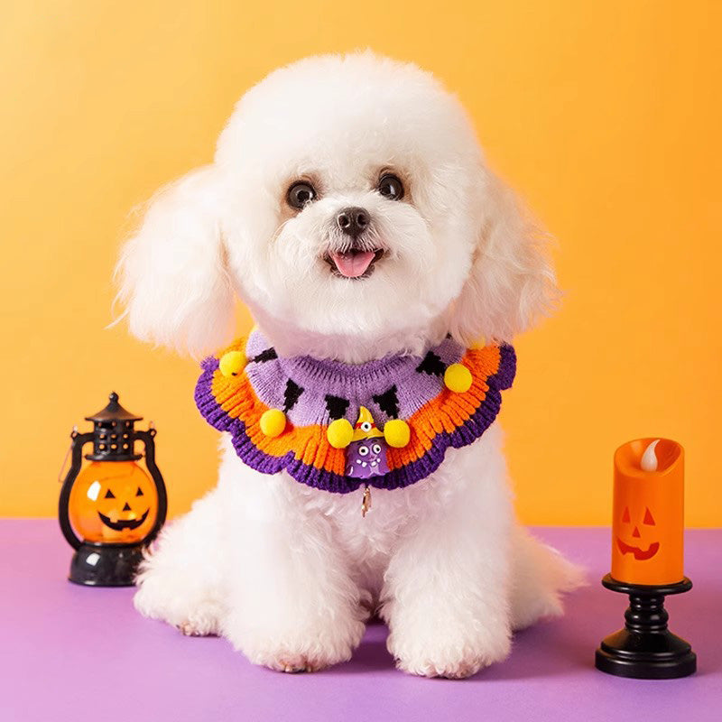 Halloween pet bib Dog cat collar decorated bib Knitted hat Halloween pumpkin dress up costume