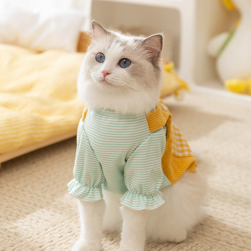 Cat clothes Spring Autumn thin fake two pocket hoodie anti-hair pet kitten Muppet gradient blue cat